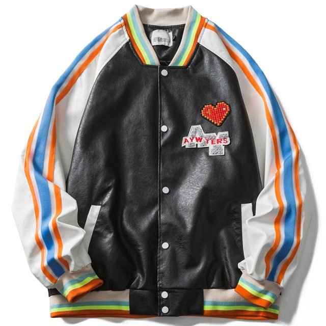 Bomber Jacket Men Colorful Striped Patchwork Heart Letter Patch Hip Hop College Style Baseball Coats Autumn Streetwear-0