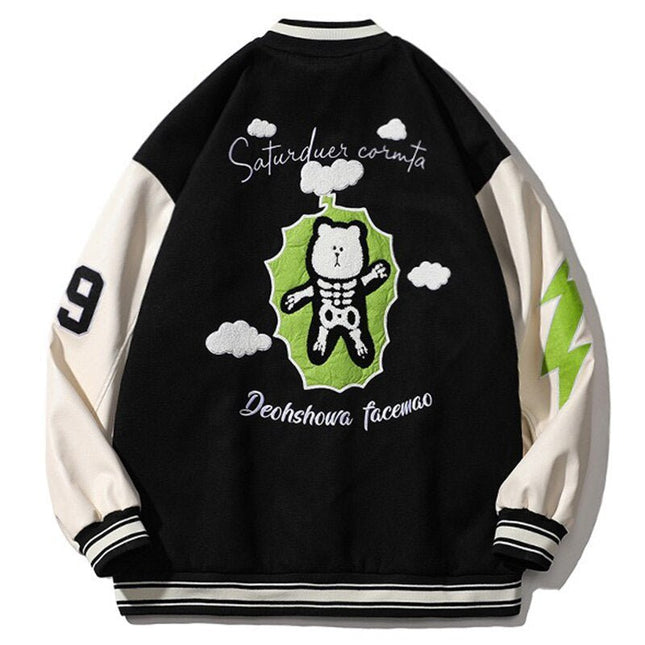 Bomber Jacket Men Furry Big Letter Bear Skeleton Patchwork Baseball Coat Couple Oversized Cozy College Style Streetwear-3