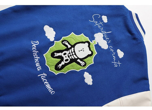 Bomber Jacket Men Furry Big Letter Bear Skeleton Patchwork Baseball Coat Couple Oversized Cozy College Style Streetwear-4