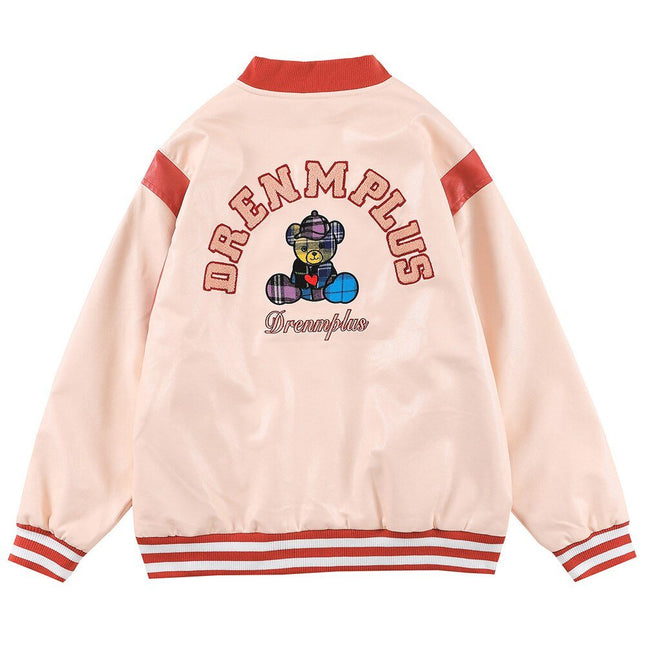 Bomber Jacket Men Furry Letter Cute Bear Leather Baseball Coat Windproof Fleece Soft Cozy Warm College Style Streetwear-3