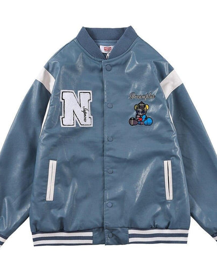 Bomber Jacket Men Furry Letter Cute Bear Leather Baseball Coat Windproof Fleece Soft Cozy Warm College Style Streetwear-0