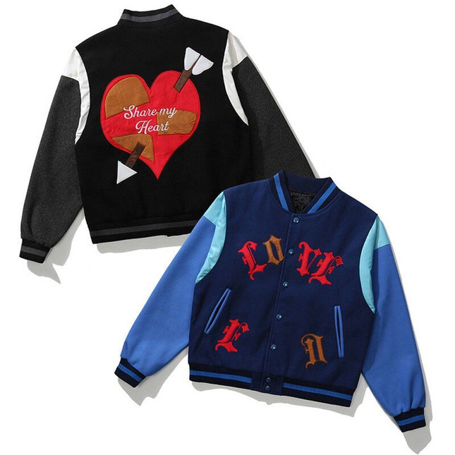 Bomber Jacket Men Letter Embroidery Heart-shaped Patch Patchwork Baseball Coat Retro Hip Hop Fashion Varsity Jacket Men-2
