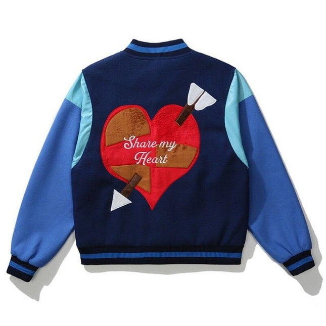 Bomber Jacket Men Letter Embroidery Heart-shaped Patch Patchwork Baseball Coat Retro Hip Hop Fashion Varsity Jacket Men-1