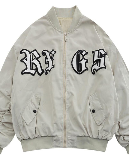 Bomber Jacket Men Punk Letter Patch Pleated Cargo Coats Autumn Simple High Street Vintage Baggy Baseball Outwear Couple-0