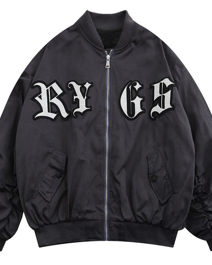 Bomber Jacket Men Punk Letter Patch Pleated Cargo Coats Autumn Simple High Street Vintage Baggy Baseball Outwear Couple-2