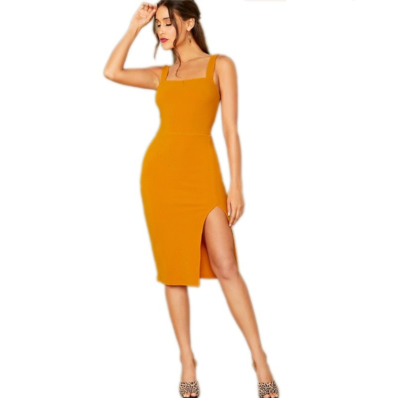 Bright Yellow Solid Split Hem Sexy Thick Strap Dress Without Belt Women Autumn Sleeveless Night Out Bodycon Dresses-4