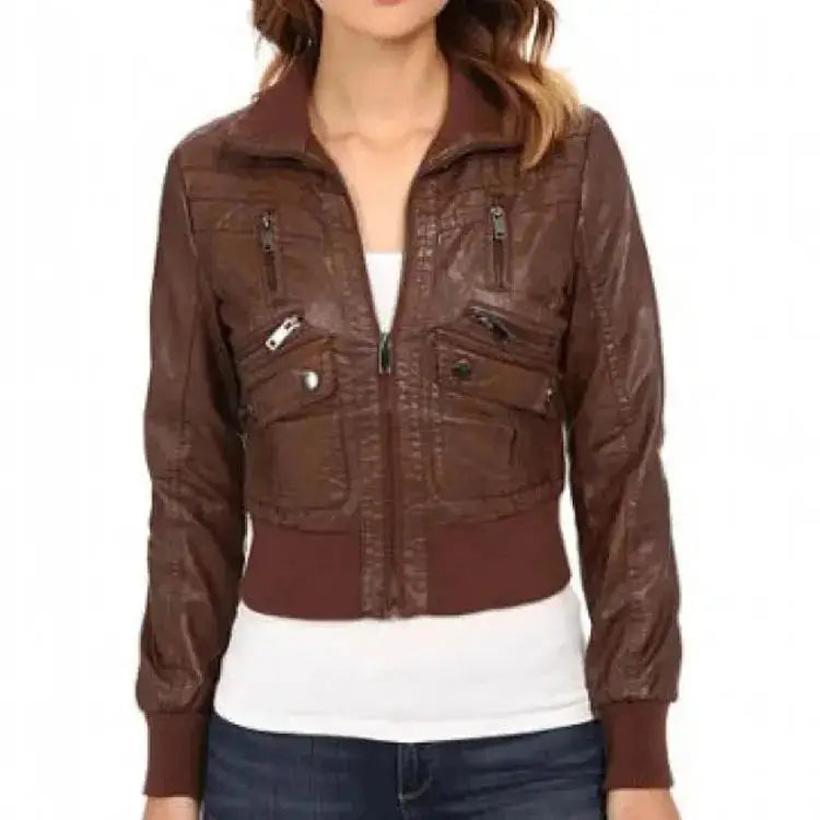 Women’s Brown Leather Bomber Jacket-0