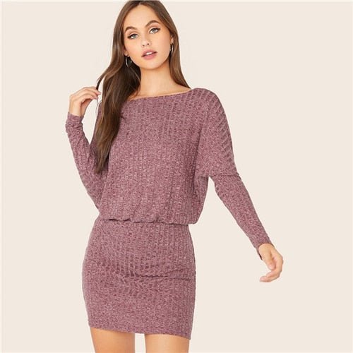Burgundy Batwing Sleeve Rib-knit Blouson Dress Women Autumn Boat Neck Long Sleeve Ladies Fitted Elegant Mini Dresses-5