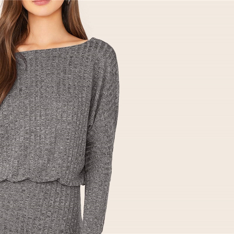 Burgundy Batwing Sleeve Rib-knit Blouson Dress Women Autumn Boat Neck Long Sleeve Ladies Fitted Elegant Mini Dresses-1