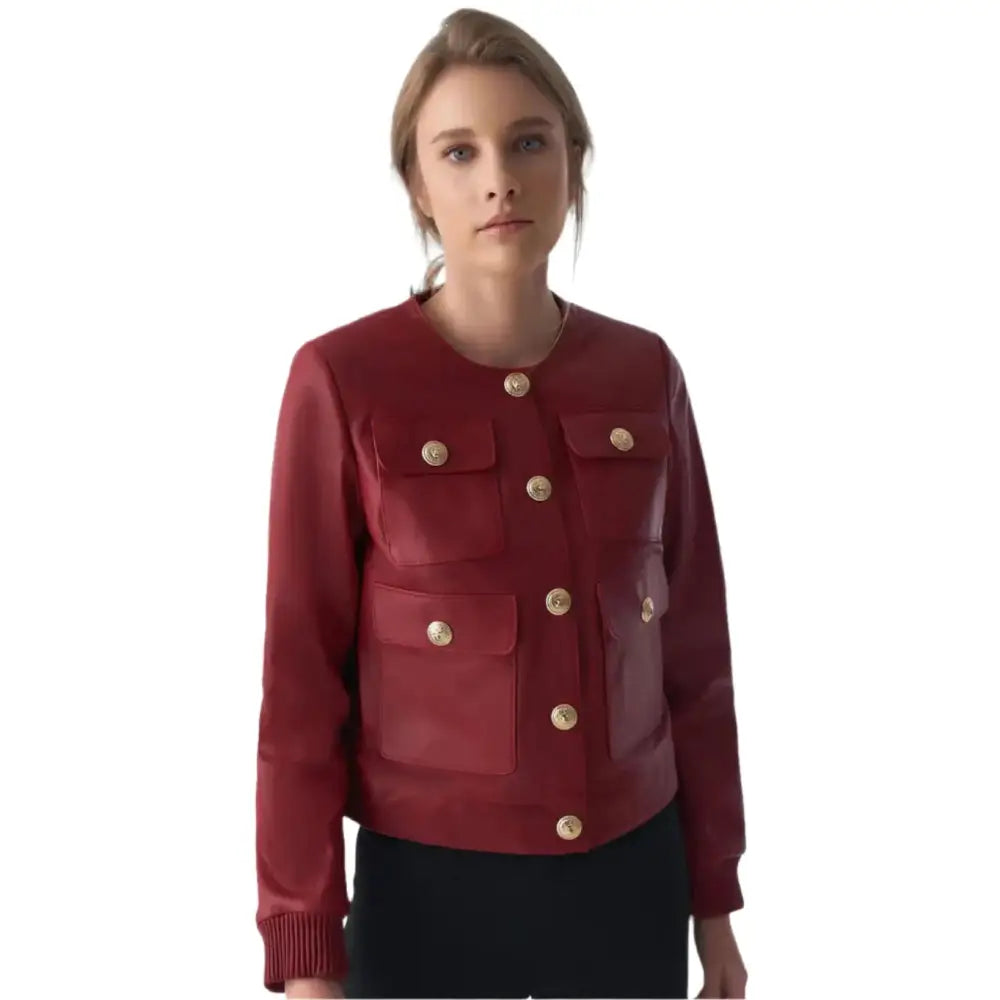 Women’s Burgundy Studded Leather Jacket-0