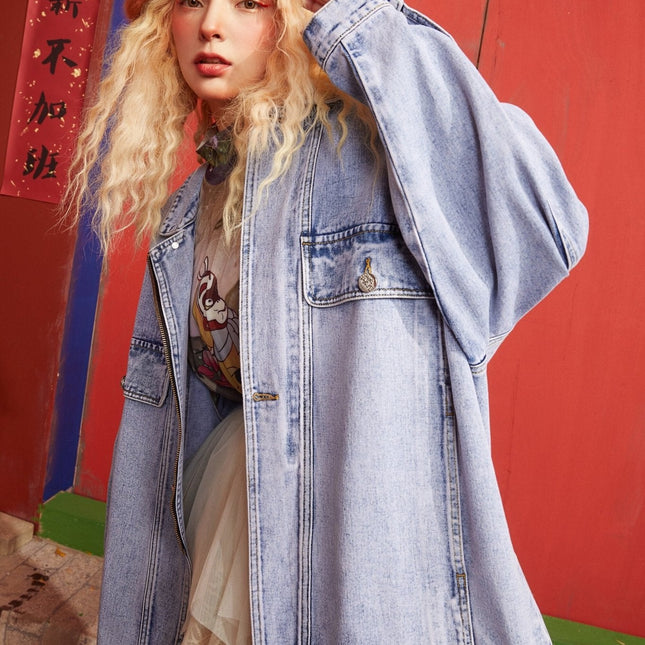 Cartoon Print Single Breasted Oversize Women Denim Jacket,Spring ELF Full Sleeve Casual Korean Ladies,Daily Outwear-3