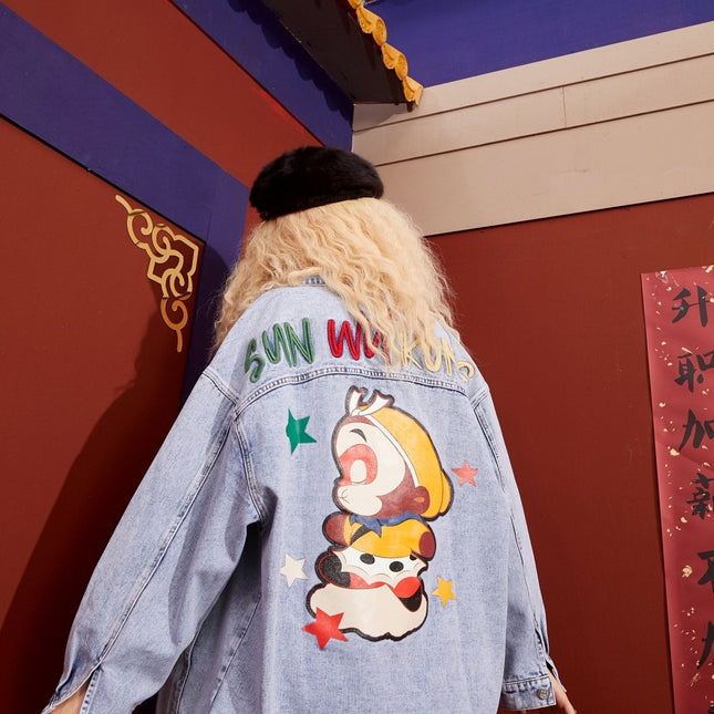 Cartoon Print Single Breasted Oversize Women Denim Jacket,Spring ELF Full Sleeve Casual Korean Ladies,Daily Outwear-4