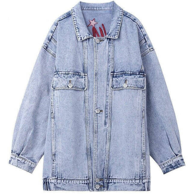 Cartoon Print Single Breasted Oversize Women Denim Jacket,Spring ELF Full Sleeve Casual Korean Ladies,Daily Outwear-0