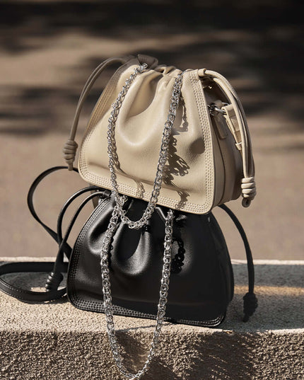 Chain Strap Drawstring Leather Bucket Bag-1