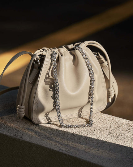 Chain Strap Drawstring Leather Bucket Bag-3