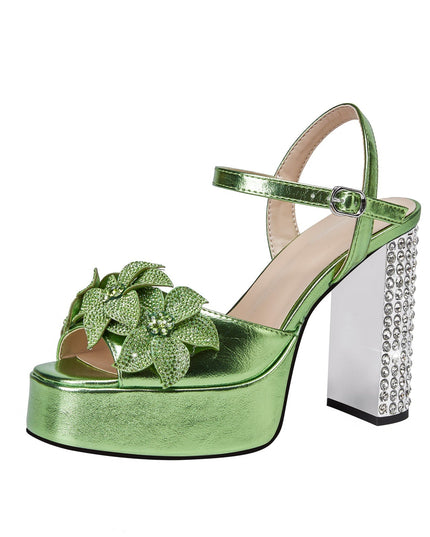 Charming Floral Open Toe Gem Encrusted Heel Sandals-2