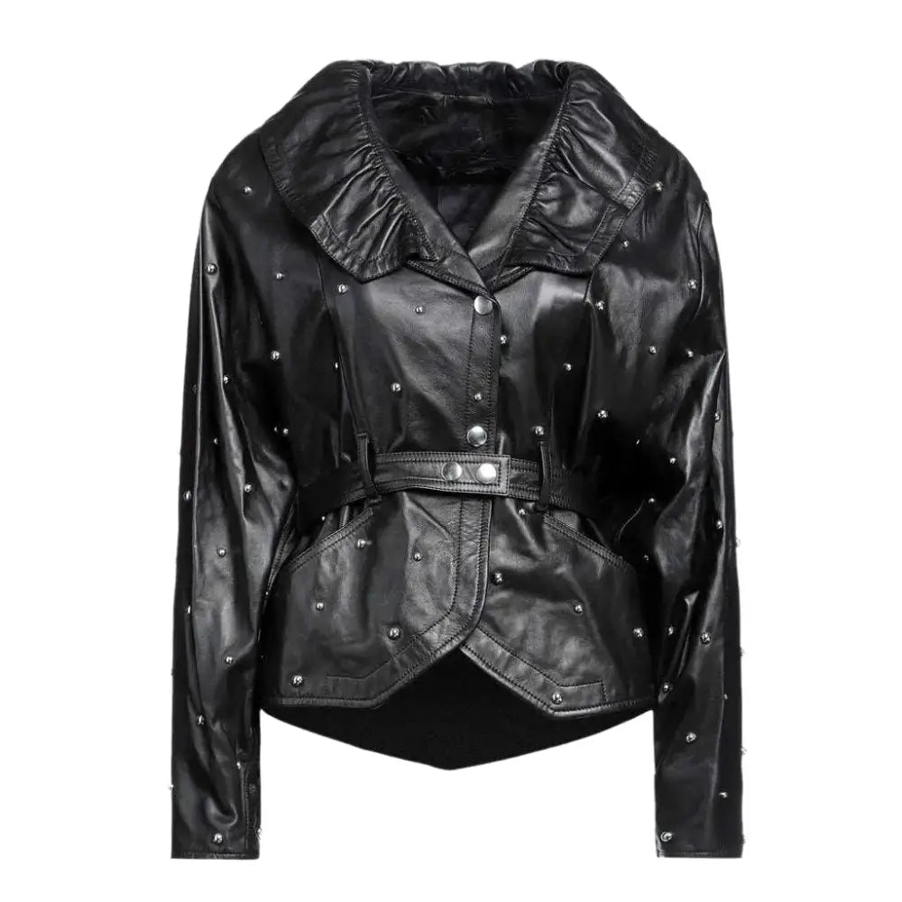Women’s Chic Black Studded Leather Jacket-0