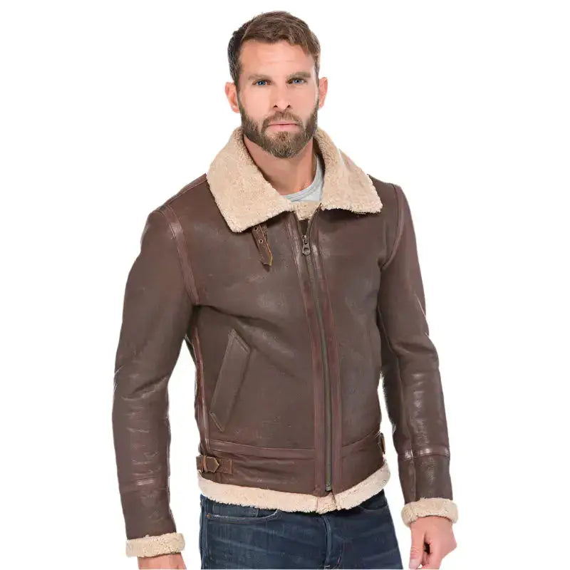 Mens Brown Shearling Bomber Jacket-0