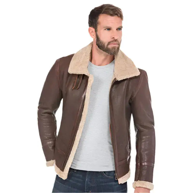 Mens Brown Shearling Bomber Jacket-1