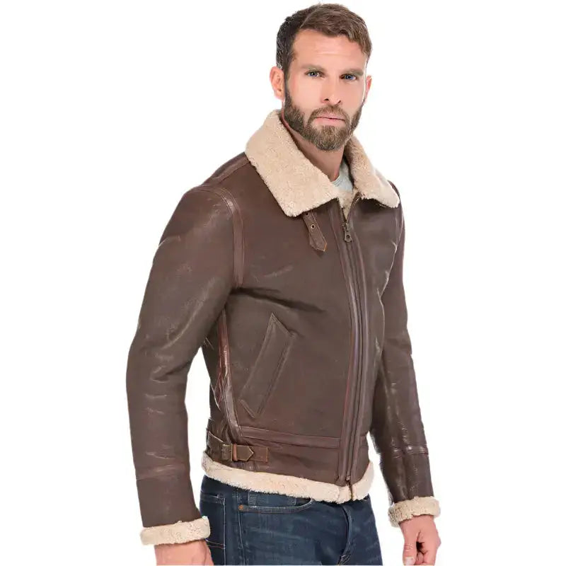 Mens Brown Shearling Bomber Jacket-2