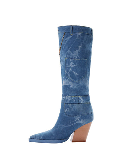 Classic Pointed Toe Pocket Denim Knee High Boots-0