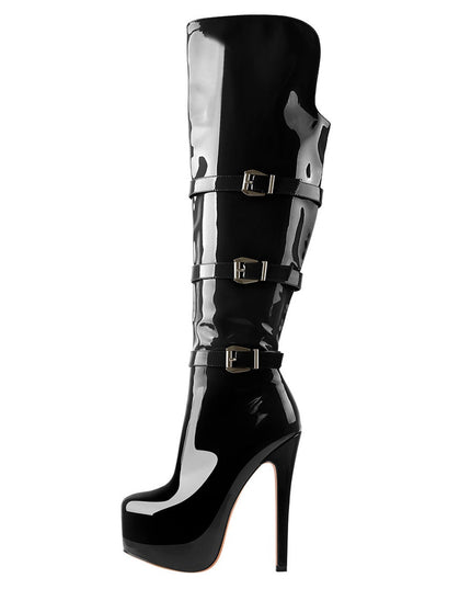 Commando Leather Platform Pointed Toe Knee High Boots-0
