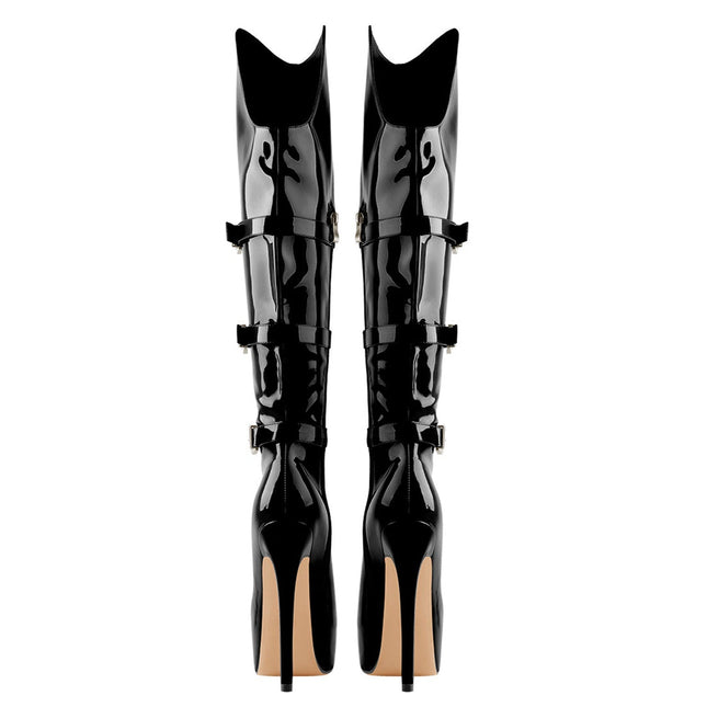 Commando Leather Platform Pointed Toe Knee High Boots-3