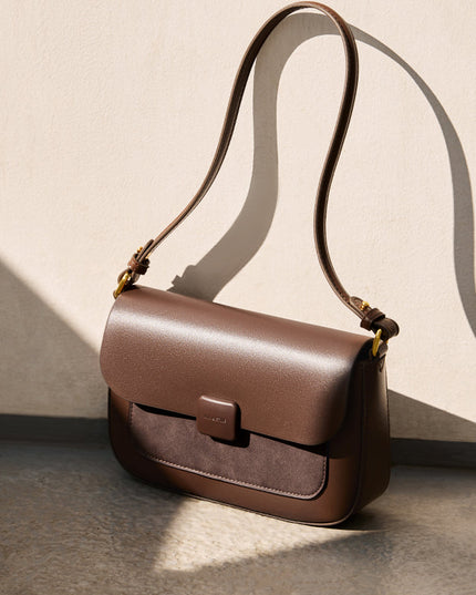 Compact Coffee Leather Box Shoulder Bag-3