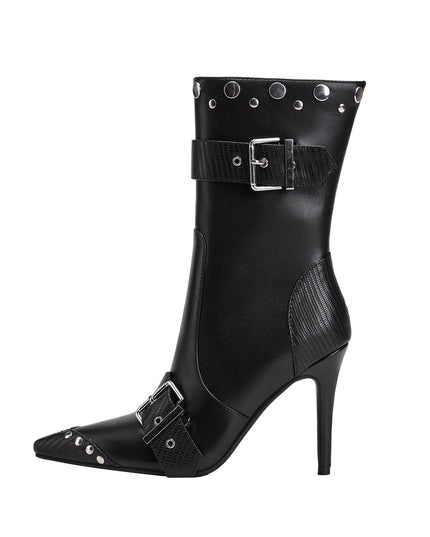 Convertible Double Buckle Black Pointed Toe Boots-0