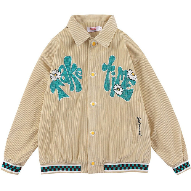 Corduroy Jacket Men Daisy Flowers Letter Embroidery Patchwork Coat Loose Harajuku Retro College Style Streetwear Unisex-3