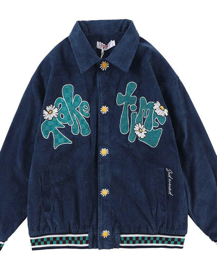 Corduroy Jacket Men Daisy Flowers Letter Embroidery Patchwork Coat Loose Harajuku Retro College Style Streetwear Unisex-0