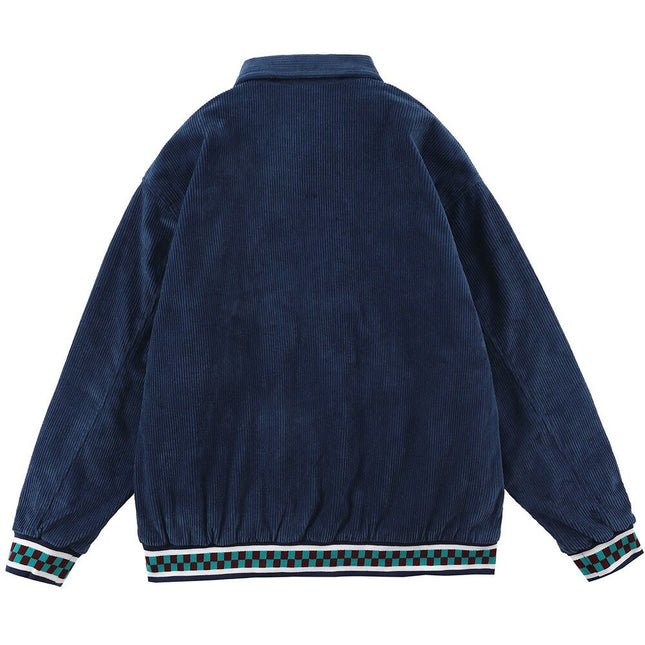 Corduroy Jacket Men Daisy Flowers Letter Embroidery Patchwork Coat Loose Harajuku Retro College Style Streetwear Unisex-1