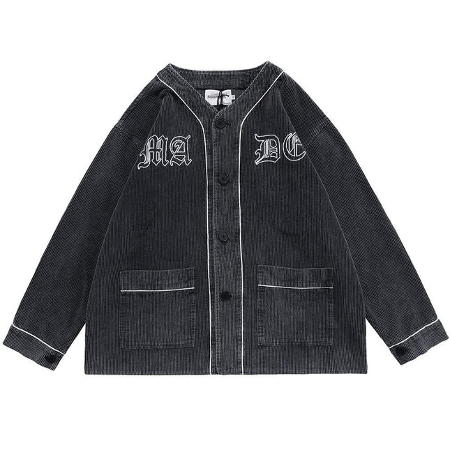 Corduroy V-Neck Punk Letter Embroidery Japanese Coat Jacket Men Casual Harajuku Vintage All-match Lovers Streetwear Men-0