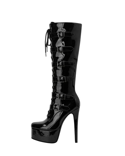 Cosplay Black Leather Buckle Knee High Boots-0