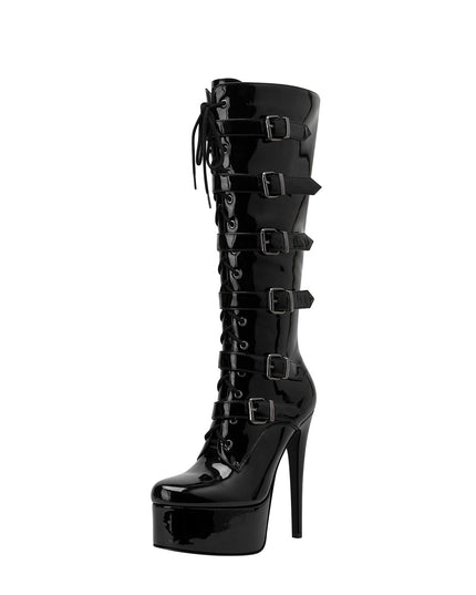Cosplay Black Leather Buckle Knee High Boots-1