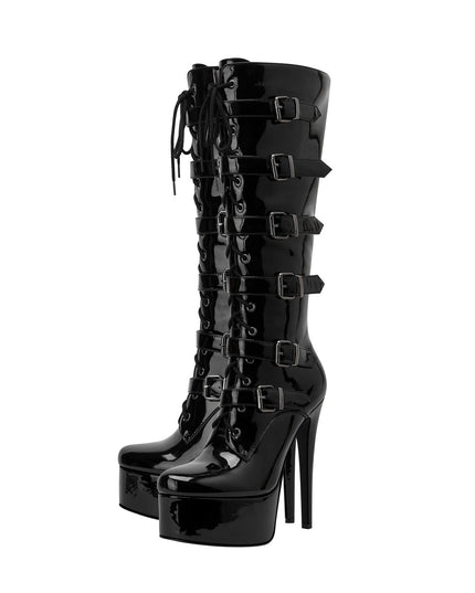 Cosplay Black Leather Buckle Knee High Boots-2