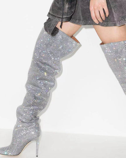 Crystal Embellished Slouchy Thigh High Boots-1
