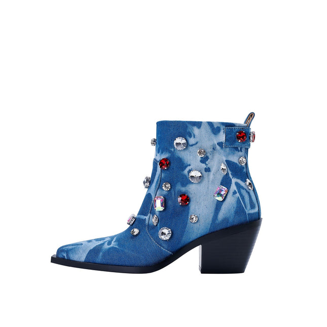Crystal Encrusted Blue Denim Ankle Boots-0