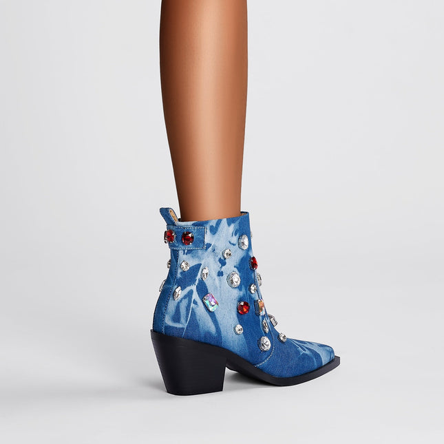 Crystal Encrusted Blue Denim Ankle Boots-1