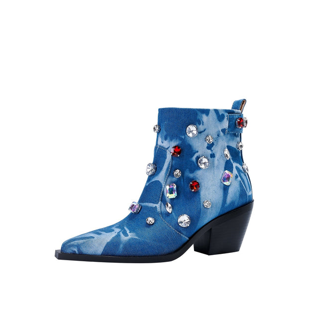 Crystal Encrusted Blue Denim Ankle Boots-2