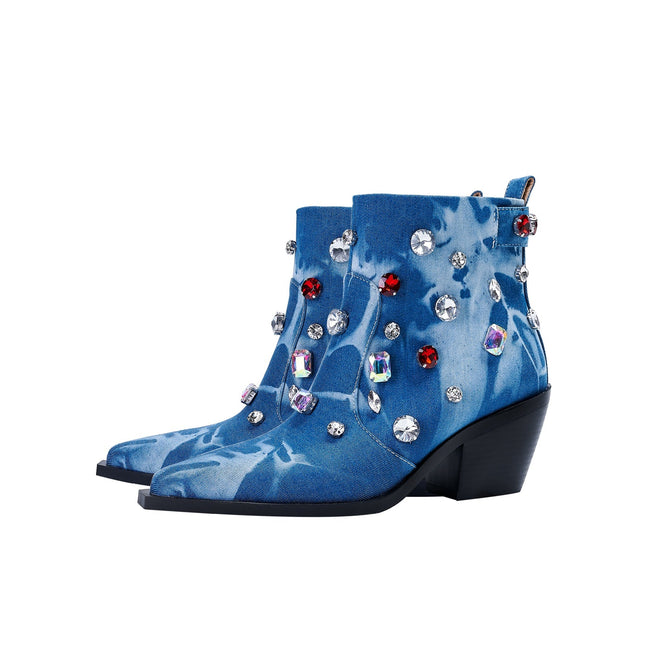 Crystal Encrusted Blue Denim Ankle Boots-3