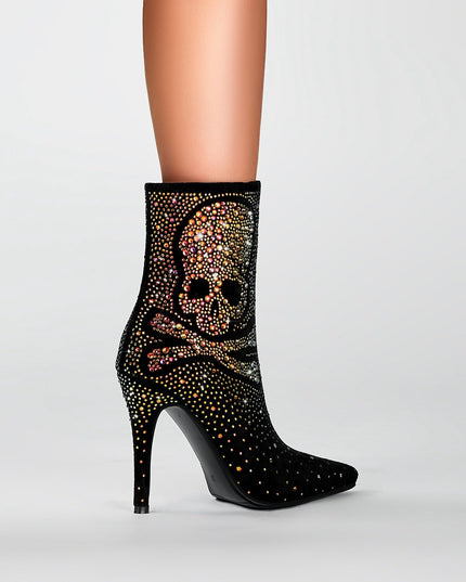 Crystal Encrusted Skull and Bones Black Ankle Boots-1