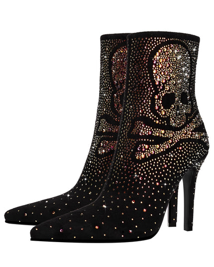 Crystal Encrusted Skull and Bones Black Ankle Boots-3