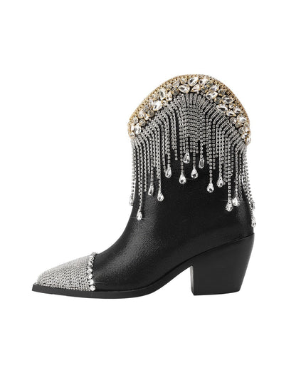 Crystal Fringe Embellished Black Cowgirl Boots-4