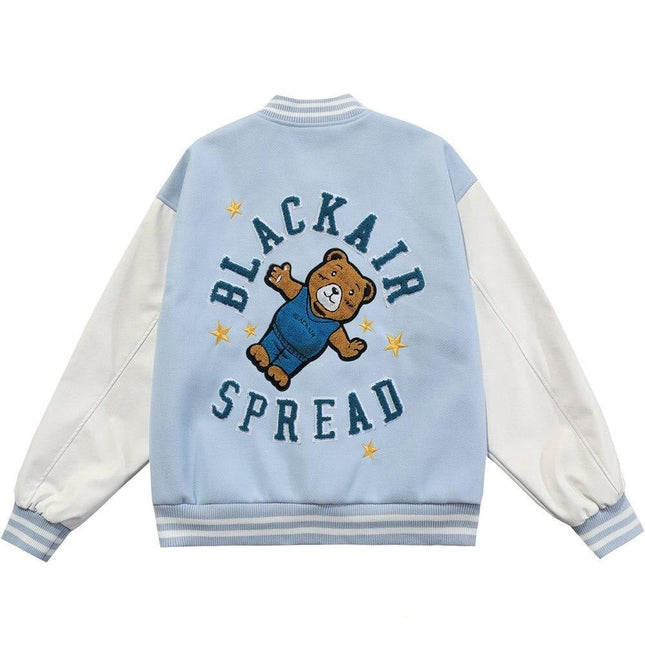 Cute Furry Bear Letter Patch Patchwork Color Baseball Jacket Men Oversize Cozy Fashion College Style Bomber Coat Autumn-0
