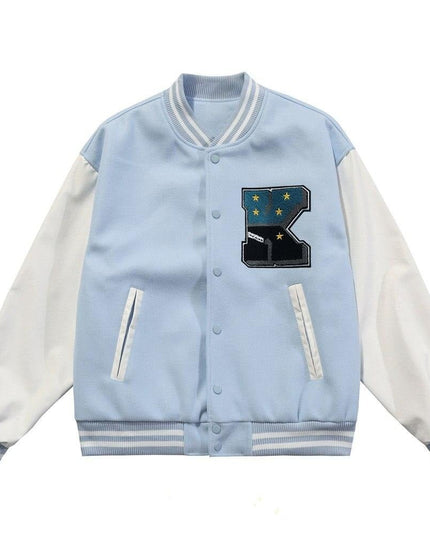Cute Furry Bear Letter Patch Patchwork Color Baseball Jacket Men Oversize Cozy Fashion College Style Bomber Coat Autumn-1