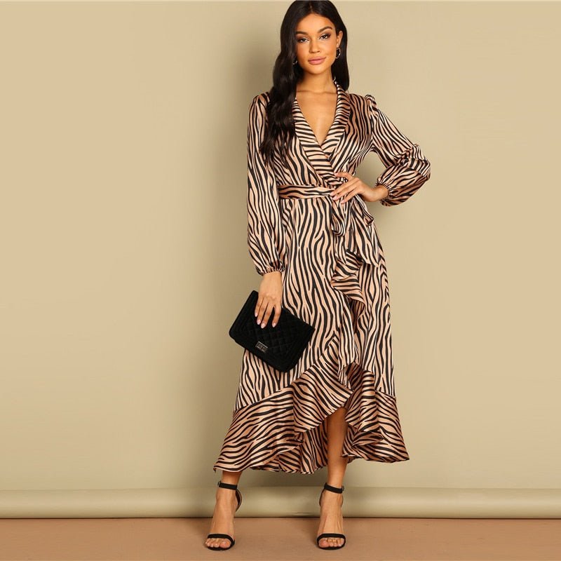 Deep V Neck Shawl Collar Surplice Wrap Flounce Animal Zebra Belted Fit and Flare Mid Waist Dress Women Autumn Dress-3