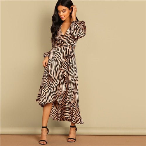 Deep V Neck Shawl Collar Surplice Wrap Flounce Animal Zebra Belted Fit and Flare Mid Waist Dress Women Autumn Dress-0