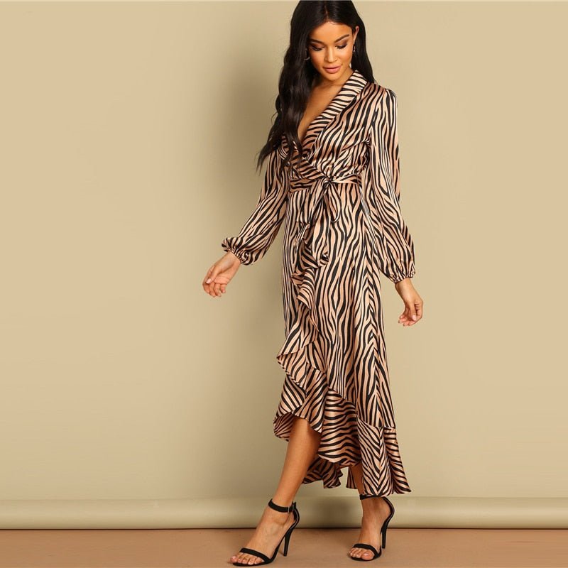 Deep V Neck Shawl Collar Surplice Wrap Flounce Animal Zebra Belted Fit and Flare Mid Waist Dress Women Autumn Dress-1