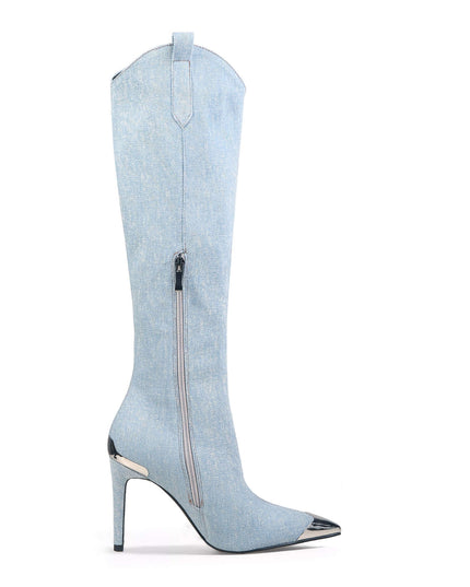 Cowgirl Washed Denim Blue Knee-High Boots-4
